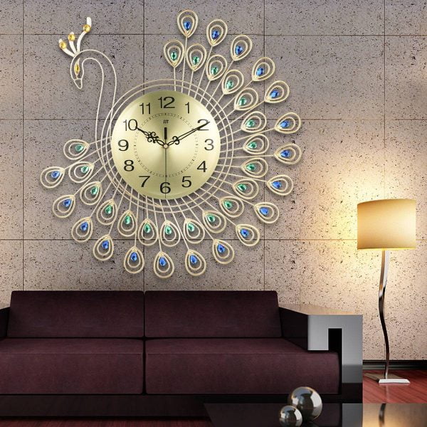 Large 3D Gold Diamond Peacock Wall Clock Metal Watch for Home Living Room Decoration DIY Clocks Crafts Ornaments Gift 53x53cm - Image 2