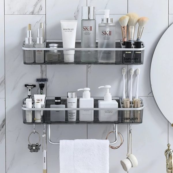 Wall-Mounted Triangle Storage Rack Bathroom Shelf With Towel Bar Hooks Organizer For Bath Household Items Bathroom Accessories - Image 3