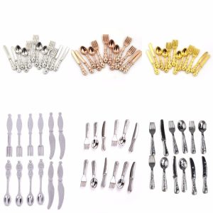 12Pcs 1:12 Vintage Dollhouse Miniatures Tableware Cutlery Metal Knife Fork Spoon Kitchen Food Furniture Toys Gold/Silver