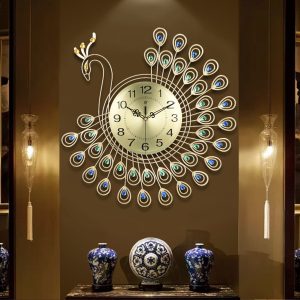 Large 3D Gold Diamond Peacock Wall Clock Metal Watch for Home Living Room Decoration DIY Clocks Crafts Ornaments Gift 53x53cm