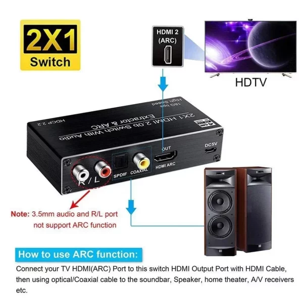 4K HDMI Switcher 2 in 1 out Audio Extractor HDMI ARC Audio Switch 2x1 Selector with R/L+Toslink SPDIF+COAXIAL Audio out Adapter - Image 5